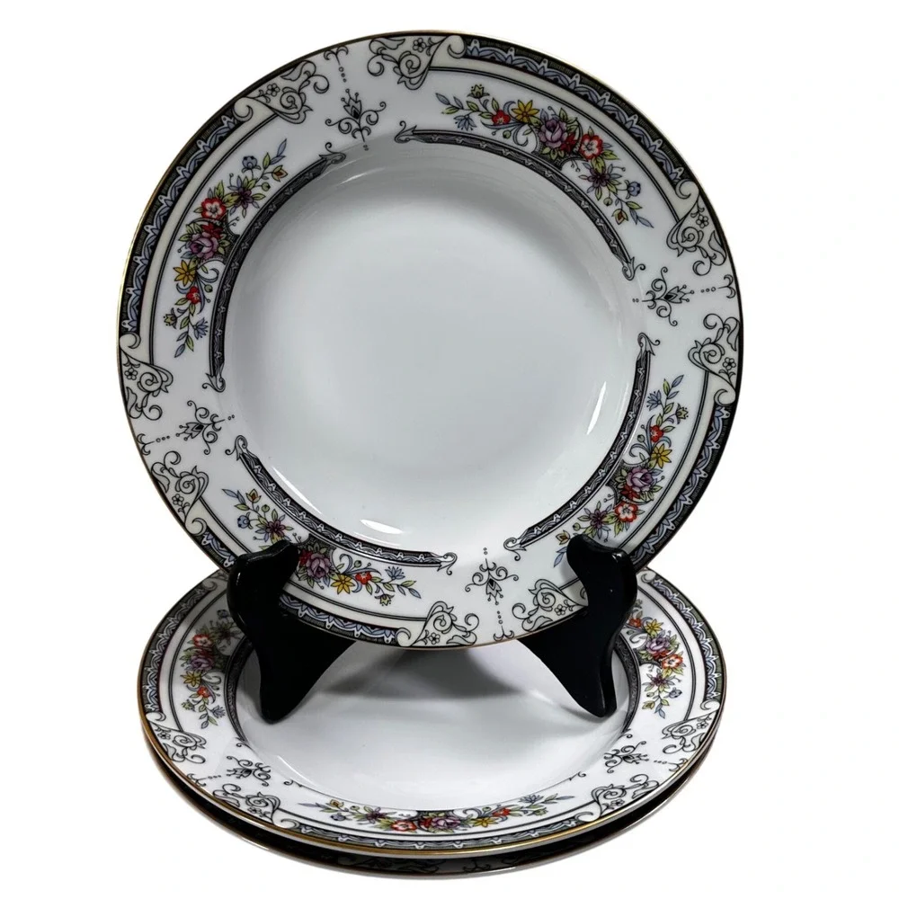 Mikasa Cambridge L9015 Fine China Japan Rim Soup Bowls Set 3 Floral Gold